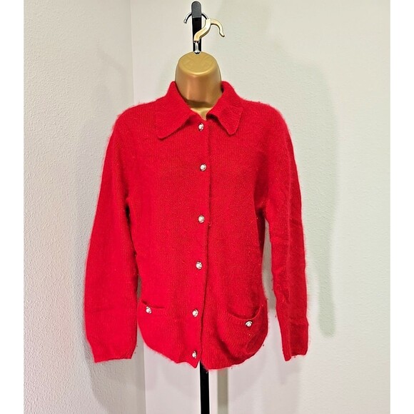 Vtg Nieman Marcus OId Money Angora Blend Cozy Red Cardigan Sweater Womens Large - Picture 1 of 7
